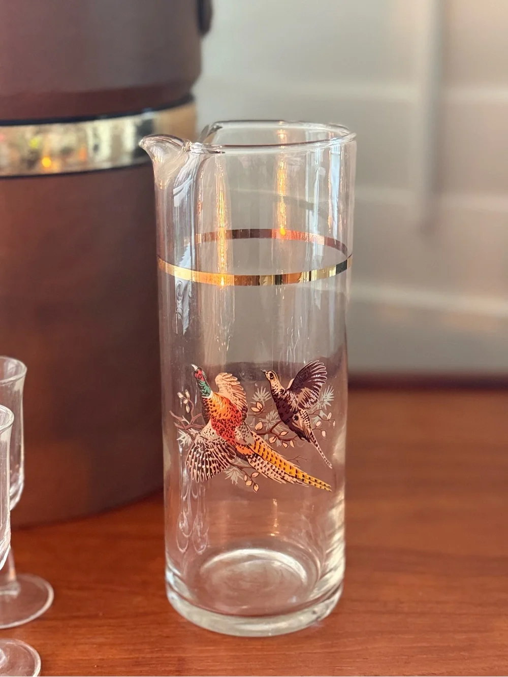 Vintage Mid-Century Pheasant Glass Cocktail Pitcher with Gold Rim